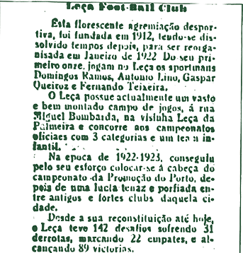 Recorte de jornal antigo sobre o Leça Foot-Ball Club, época 1922–23
